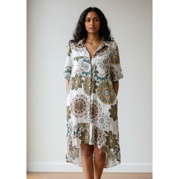 Cristina Vergani Dresses & Skirts - Cristina Vergani Shirt Dress Womens Medium Multicolor‎ Medallion Print Side Slit